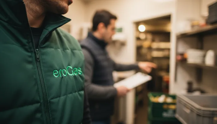 Operatore eroGas in giubbotto verde che consulta un cliente in un magazzino
